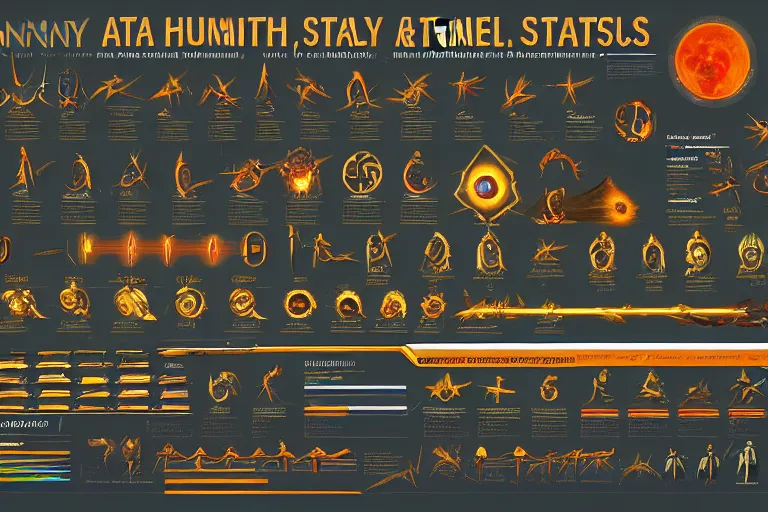 Image similar to a labeled, bordered, and detailed infographic poster depicting humanity's stats, abilities and popularity with various extraterrestrial cultures, in the style of wlop, illustration, epic, fantasy, hyper detailed, smooth, unreal engine, sharp focus, ray tracing