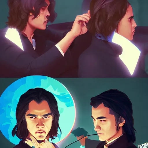 Prompt: Carlos Valdes and Frank Dillane brushing each other's hair, trending on patreon, deviantart, twitter, artstation, volumetric lighting, heavy contrast, by artgerm and Ilya Kuvshinov and alphonse mucha