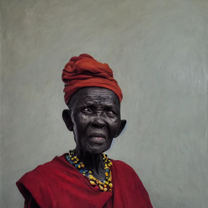 Image similar to a painting of a wise elder from Kenya by Lynette Yiadom-Boakye . dramatic angle, ethereal lights, details, smooth, sharp focus, illustration, realistic, cinematic, artstation, award winning, rgb , unreal engine, octane render, cinematic light, macro, depth of field, blur, red light and clouds from the back, highly detailed epic cinematic concept art CG render made in Maya, Blender and Photoshop, octane render, excellent composition, dynamic dramatic cinematic lighting, aesthetic, very inspirational, arthouse.