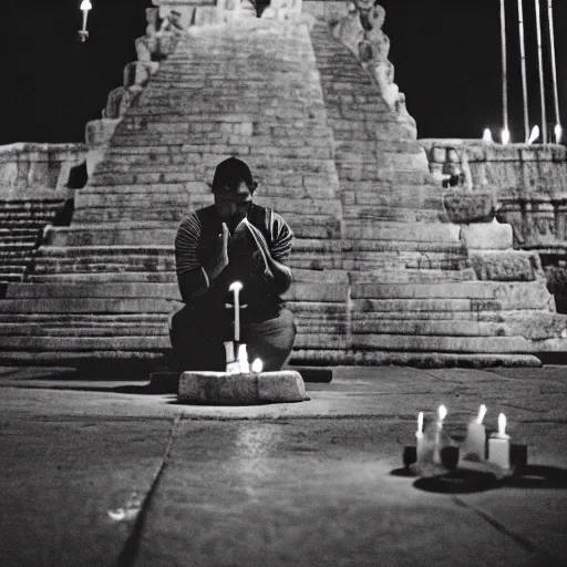 Prompt: film photography, an Aztec Priest praying to the dogs at the altar of an Aztec temple, at night, lit with candles, stormy night, Leica M6, cinestill 800, Noctilux 50mm