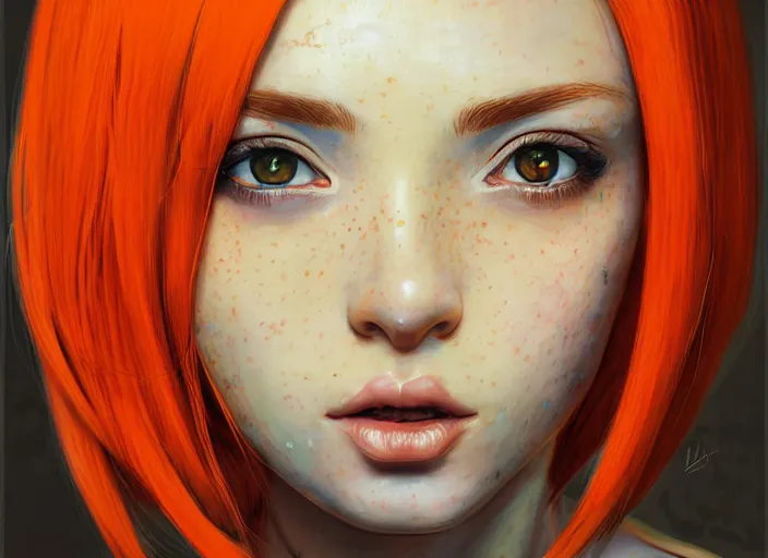 Image similar to portrait Anime Girl with orange hair and freckles, green eyes fine face pretty face, realistic shaded Perfect face, fine details. Anime. fine face, dark skin, realistic shaded, fine details. Anime, cyberpunk. realistic shaded lighting by Ilya Kuvshinov and Gustav Klimt