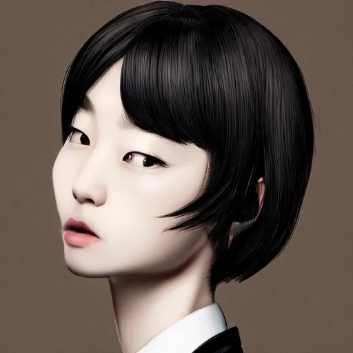 Image similar to portrait of a beautiful korean girl wearing a men's tuxedo, with short messy hair, men's haircut, angular features, angry expression, digital art, elegant pose, detailed illustration