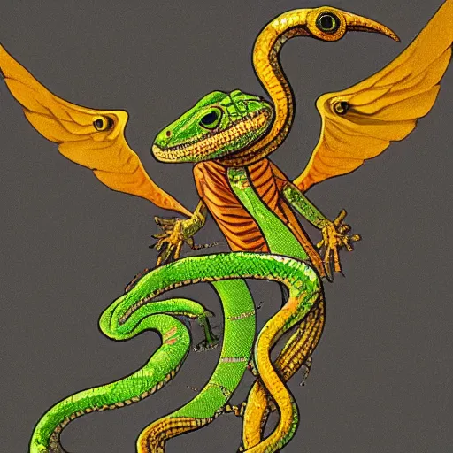 Image similar to a snake mixed with a lizard in humanoid form with one angelic wing on the left and one demonic wing on the right, arms crossed, in a dungeon