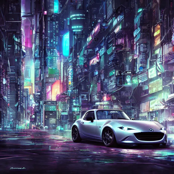 Image similar to a mazda miata in cyberpunk city, cyberpunk futuristic digital art concept