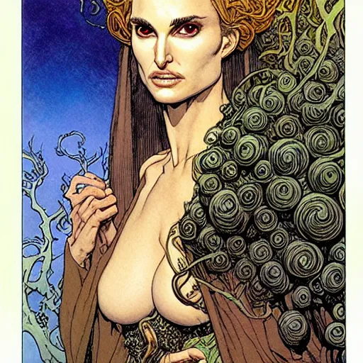 Prompt: a realistic portrait of natalie portman as a druidic wizard looking at the camera with an intelligent but seductive gaze by rebecca guay, michael kaluta, charles vess and jean moebius giraud