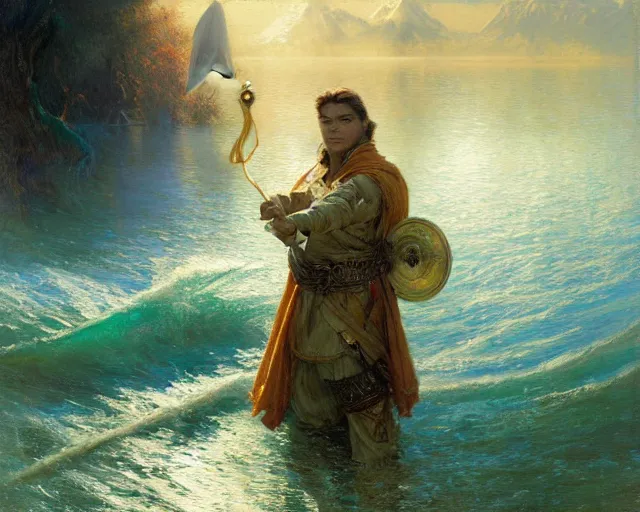 Image similar to attractive male wizard casting powerful giant tsunami spell in a beautiful lake. highly detailed painting by gaston bussiere, craig mullins, j. c. leyendecker 8 k