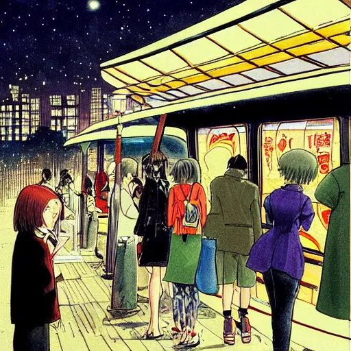 Prompt: some people waiting in bus stop in dark city night, detailed, high quality, high resolution, by rumiko takahashi