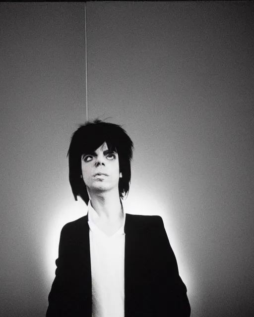 Image similar to 1979 young Gary Numan in a suit, lit by James Turrell, professional photography, darkwave semi-silhouette with red rim light, sigma 35mm f/8