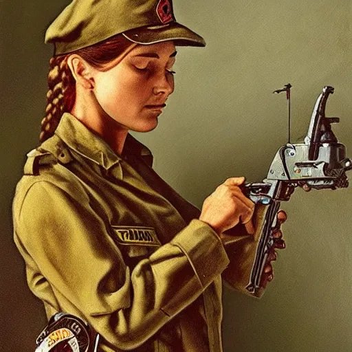 Image similar to a female soldier pressing a staple gun to her own head and looking depressed by thomas kincade realistic, high details