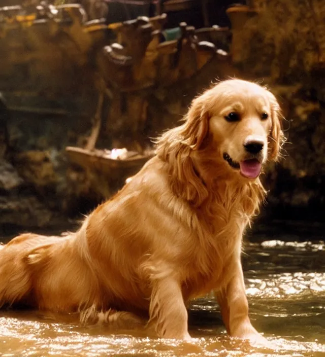 Prompt: a golden retriever as a mermaid in pirates of the caribbean, movie still frame, hd, remastered, movie grain, cinematic lighting