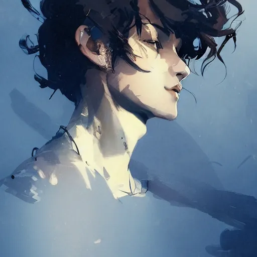 Prompt: a beautiful girl with short curly brown hair in a ponytail, a pointy chin, smiling sweetly, dramatic lighting, illustration by Greg rutkowski, yoji shinkawa, 4k, digital art, concept art, trending on artstation