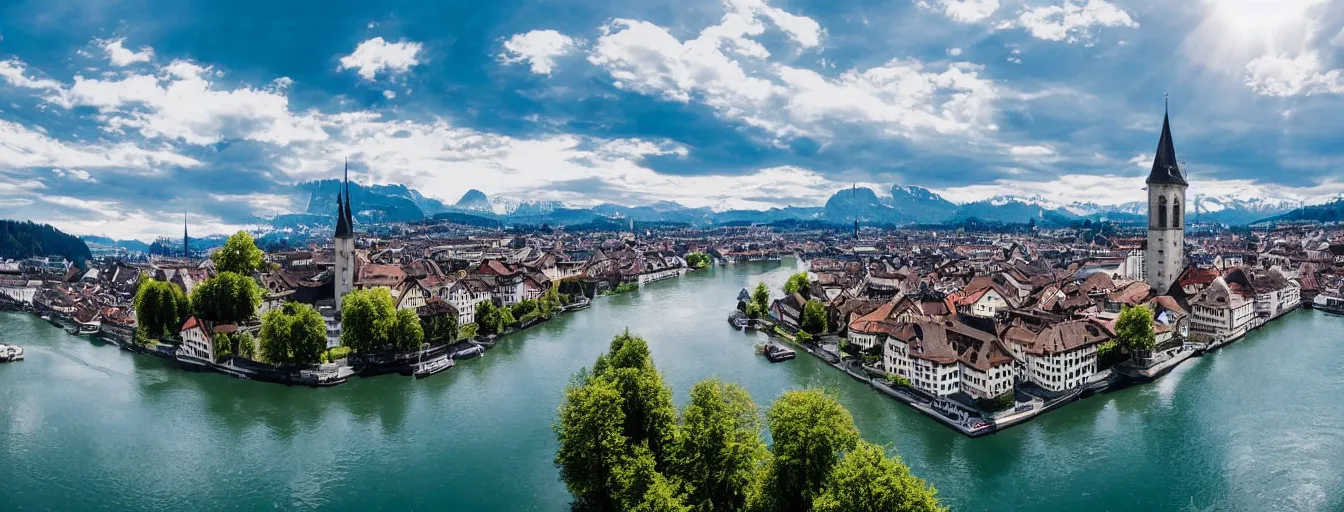 Image similar to Photo of Zurich, looking down the Limmat at the lake and the alps, Hardturm, Grossmünster, Lindenhof, Üetliberg, wide angle, volumetric light, hyperdetailed, light blue water, artstation, cgsociety, 8k