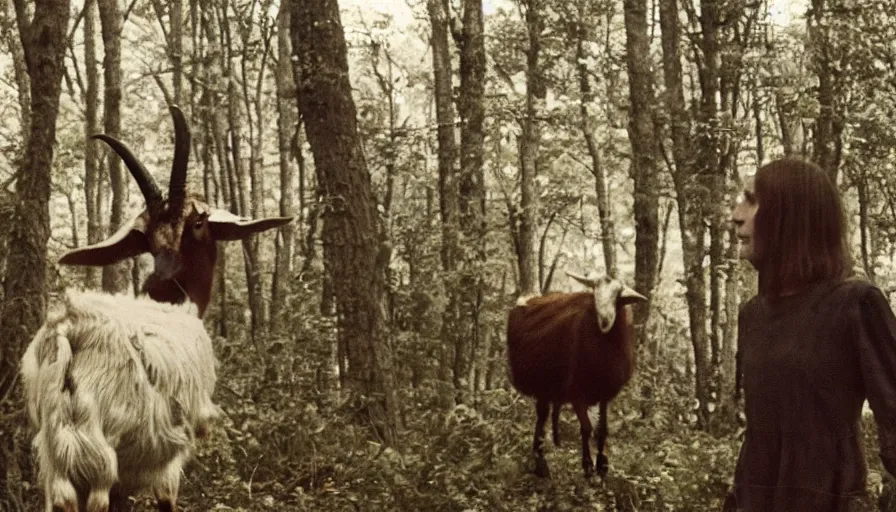 Image similar to grainy 16 mm indie horror film about goat headed demons in the forest