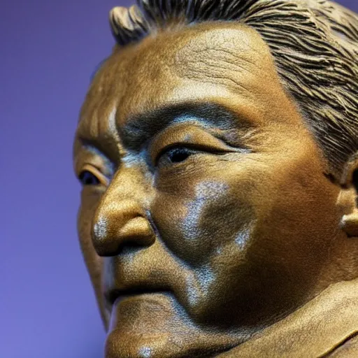 Image similar to close up shot of an old bronze statue of takeshi kitano in a museum