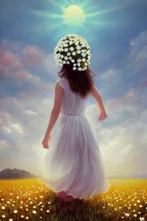 Image similar to giant white daisy flower crown as head veil, girl walking in a flower field, surreal photography, sunrise, dramatic light, impressionist painting, colorful clouds, digital painting, artstation, simon stalenhag