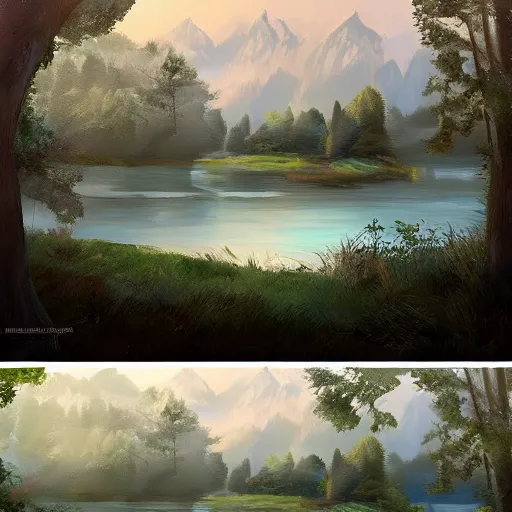 Prompt: a painting of a lake surrounded by trees, a digital painting by senior environment artist, polycount contest winner, plein air, speedpainting, matte painting, digital painting