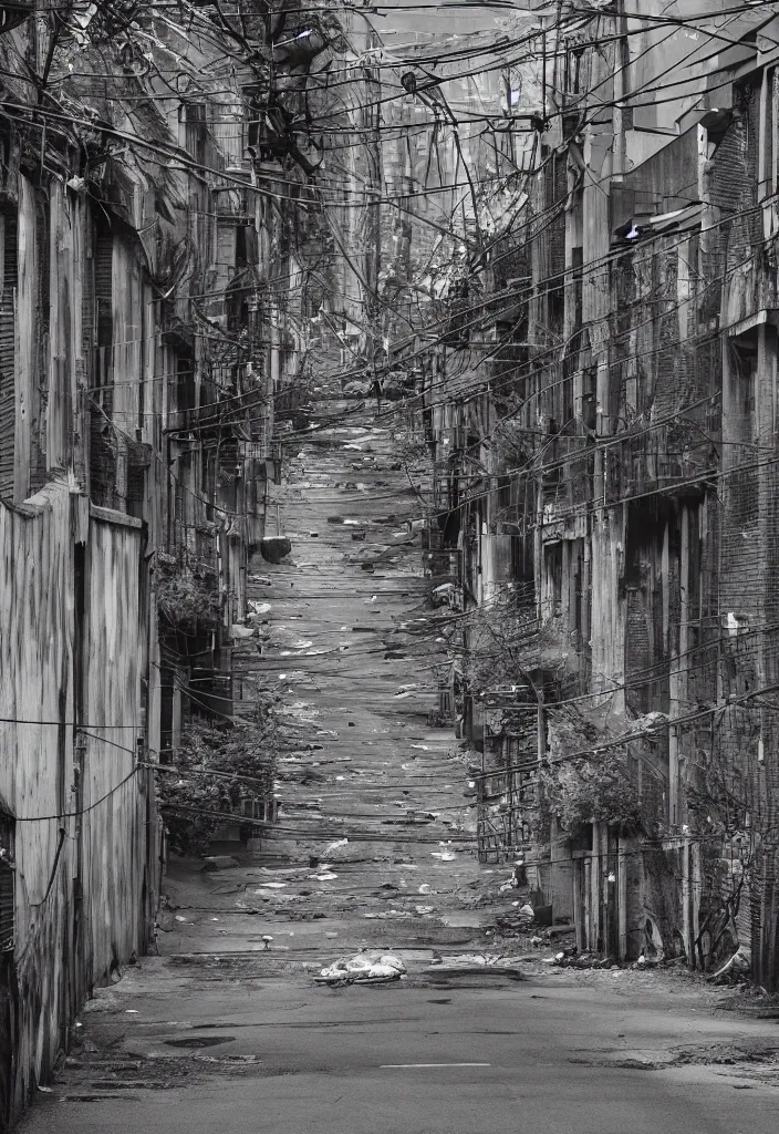 Prompt: looking down a claustrophobic urban alley with dumpsters graffiti and power lines in east vancouver, brutalism, hi res, unreal engine, 8 k, ultra - realistic, gritty, 1 0 0 mm