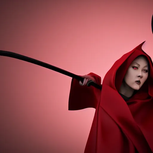 Prompt: A female Grim Reaper, wearing a red cloak and hood, holding a scythe, Photo realistic, hyper detail, Gustavo Dore’, Hyper realism, 3-D shading, octane render, art station,