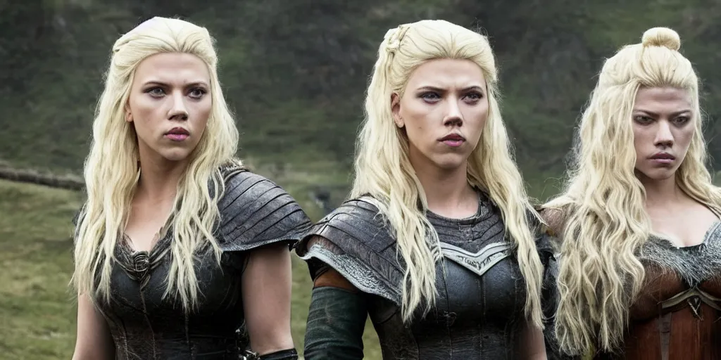 Image similar to Scarlett Johansson and Katheryn Winnick, with a scar and white hair, in the TV series Vikings