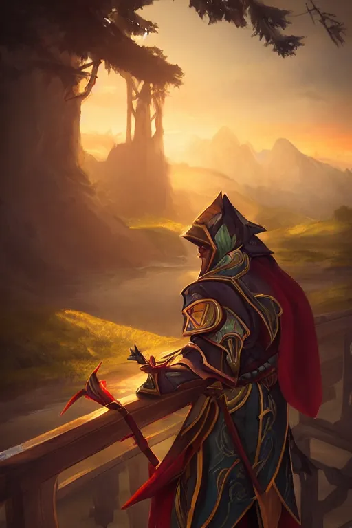 Image similar to windrunner from DOTA2 relaxing on a bridge, portrait painting, beautiful lighting at golden-hour, fantasy,