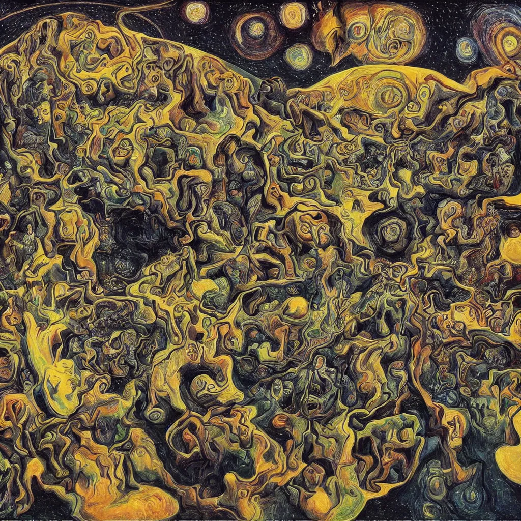 Image similar to intergalactic psychonaut unholy gathering, 4K, by collaboration of M. C. Escher and Salvador Dali and Van Gogh