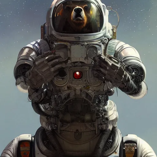 Image similar to detailed science - fiction character portrait of a grizzly bear space robot suit, intricate, wild, highly detailed, digital painting, artstation, concept art, smooth, sharp focus, illustration, art by artgerm and greg rutkowski and alphonse mucha