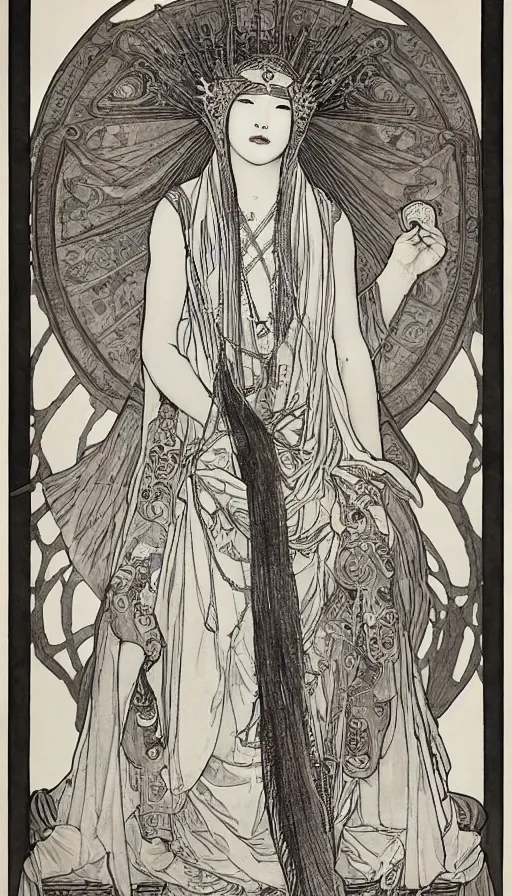 Image similar to yoon young bae as the high priestess, by mucha, black and white oil painting