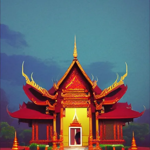 Prompt: A Peaceful Evening at a Thai Temple, art by Hung Liu