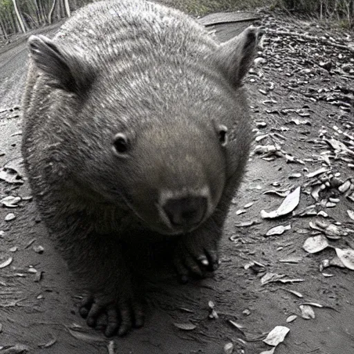 Prompt: a scary angry wombat caught on nighvision trailcam