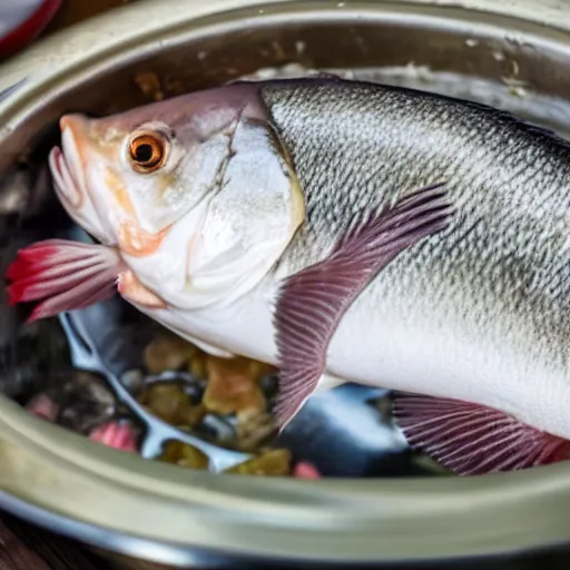 Image similar to a fish on the top of a pile of fish, inside a cooking pot