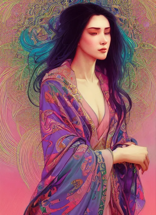 Prompt: beautiful young woman, gorgeous face, sad eyes, tears, cyberpunk, vaporwave aesthetic, synthwave, colorful, psychedelic, intricate, elegant, long beautiful flowing kimono, highly detailed, digital painting, artstation, concept art, smooth, sharp focus, illustration, art by artgerm and greg rutkowski and alphonse mucha