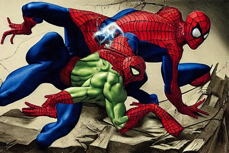 Prompt: spider man is fighting green goblin, in style of Caravaggio, dramatic lightning,