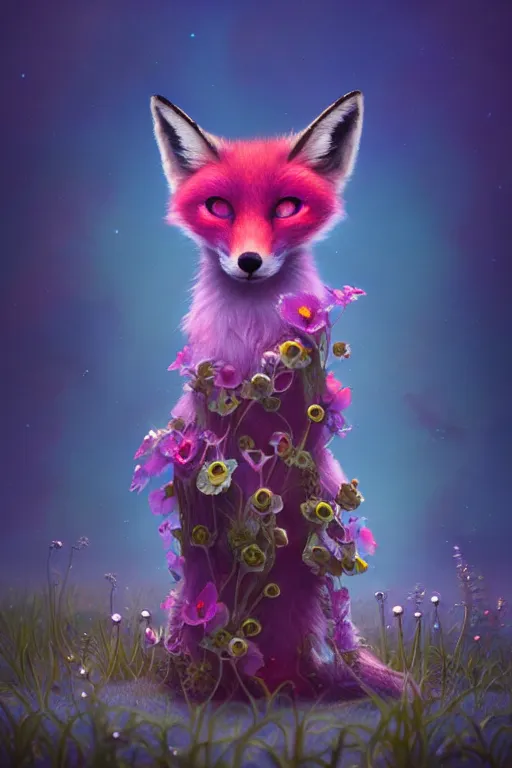 Image similar to a surreal Bioluminescent, very very very cute Foxglove in a happy world by Daniel Merriam, Trending on Artstation, oil on Canvas by Elena Zhurikhina and Goro Fujita and Charlie Bowater, octane render, 4k, 8k, HD