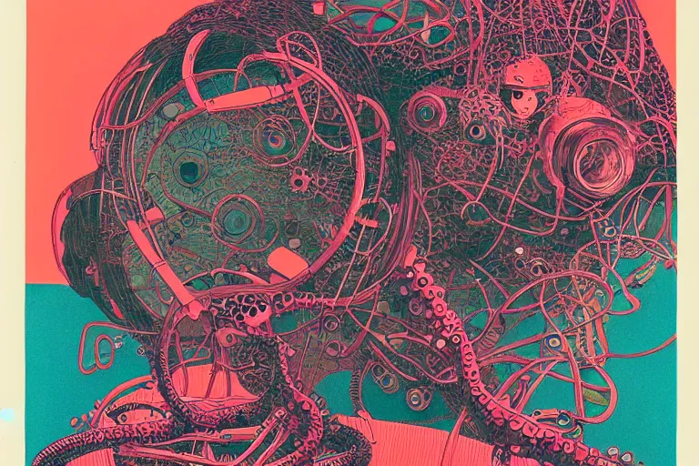 Prompt: risograph grainy drawing vintage sci - fi, satoshi kon color palette, arzach bird covered with robot parts and wires, wearing futuristic layered scaphander with lot tentacles, insects and dragonflies around, painting by moebius and satoshi kon and dirk dzimirsky close - up portrait