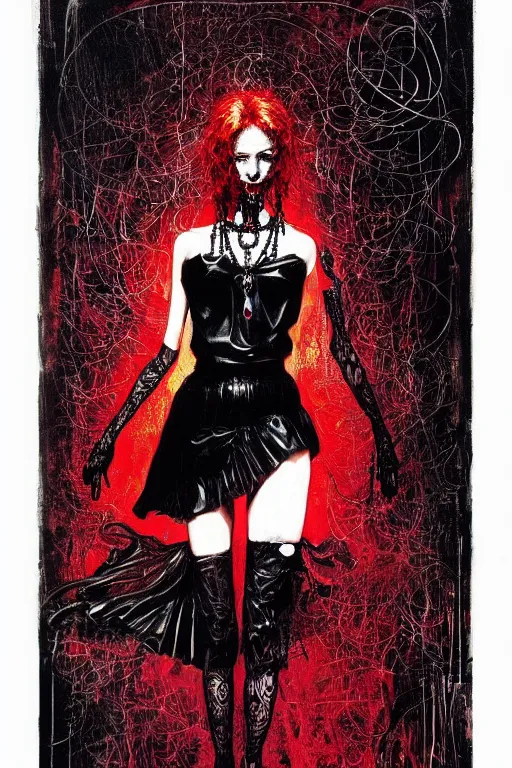 Image similar to dreamy gothic girl, black leather slim skirt, chains, red spirit, beautiful body shape, detailed acrylic, grunge, intricate complexity, by dan mumford and by alberto giacometti, peter lindbergh