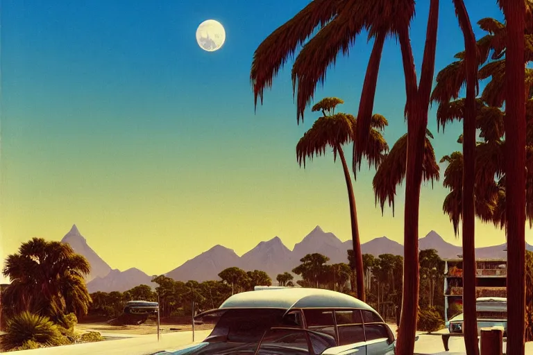 Image similar to natural american landscape | abandoned motel | palm trees | snowy mountains | moon in sky, painting by syd mead and weta studio and moebius and james jean and frank frazetta, highly detailed, rule of third, soft lighting, 8 k resolution, oil on canvas, architectural magazine, beautiful detailed, insanely intricate details, artstation trending, hypermaximalistic, high details, cinematic