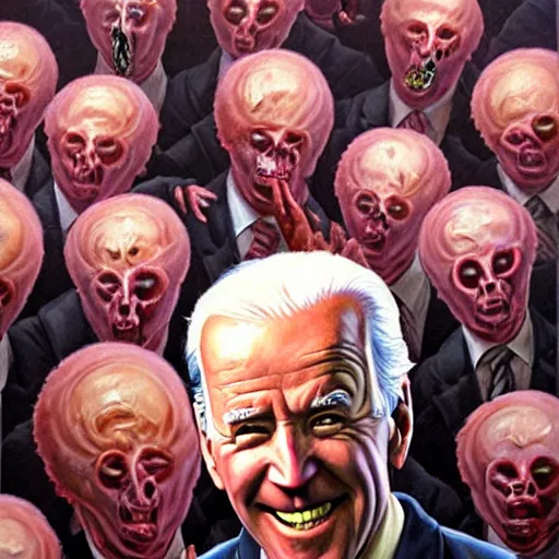 Image similar to epic Joe Biden eats waffle cone ice cream in pandemonium, demons and souls, portrait, art by Wayne Barlowe, oil on canvas