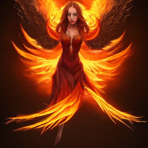 Image similar to detailed portrait of a fiery phoenix woman rising from fire spreading her wings with fiery marks all across her body, magically, magic, fire, realism, ruby, sunlit, dark fantasy, dramatic lighting, cgsociety, artstation