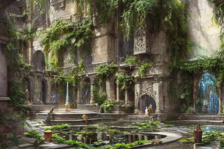 Prompt: extreme low angle shot of an open courtyard in a beautiful elven city made of ivory and silver, intricate, vivid colors, lush trees, flowers, ponds, fountain, subsurface scattering, volumetric lighting, concept art, fantasy digital painting by James Gurney, by Greg Rutkowski, trending on Artstation, highly detailed, 8k