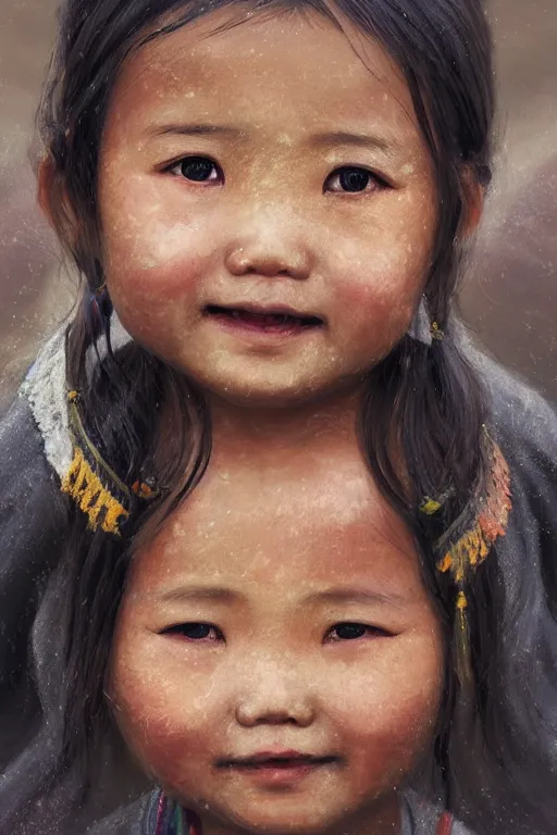 Image similar to Tibetan little girl, joyful, close-up portrait, intricate, elegant, volumetric lighting, scenery, digital painting, highly detailed, artstation, sharp focus, illustration, concept art, ruan jia, steve mccurry