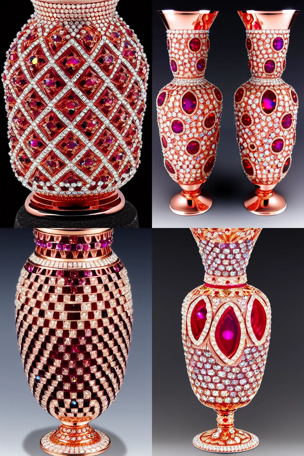 Prompt: elaborate swarovski crystal faberge vases crimson and rose gold diamonds opals rubies, 4 k, reflections