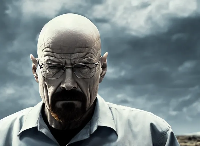Prompt: walter white approaching venom, ultra realistic 4 k unreal engine very cinematic render with ray tracing bloom ambient occlusion strong reflections depth of field fog
