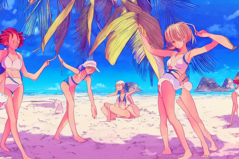 Image similar to cell shaded anime key visual of group of girls in swimsuits on a tropical beach with large crystals in the sand in the style of studio ghibli, moebius, makoto shinkai, dramatic lighting