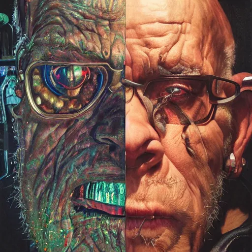 Image similar to cyberpunk orcs, rule of thirds, cinematic lighting, by chuck close, by norman rockwell, hyperrealistic photorealism acrylic on canvas, hyper detailed, mohawk.