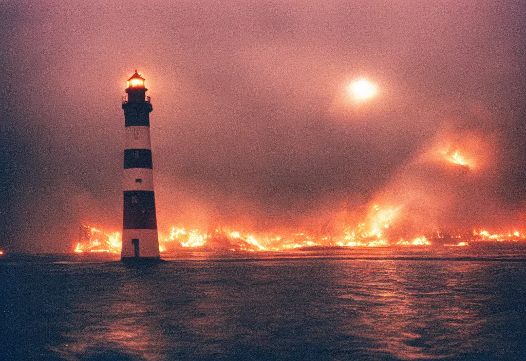 Image similar to lomo photo of burning lighthouse in the middle of a stormy sea, cinestill, bokeh, out of focus, night, dramatic lighting, streetlight