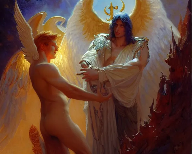 Image similar to attractive angel male deity, casting magic, summoning handsome lucifer morning star. highly detailed painting by gaston bussiere, craig mullins, j. c. leyendecker 8 k