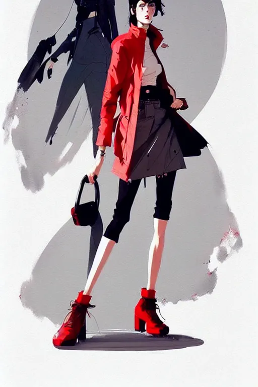 Image similar to a ultradetailed painting of a stylish woman wearing a grey jacket with red skirt, by conrad roset, greg rutkowski and makoto shinkai trending on artstation