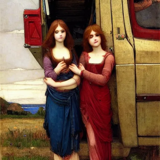 Image similar to two very very very beautiful women standing in front of a truck, smiling, flirty, perfect face, perfect body, digital art by john william waterhouse