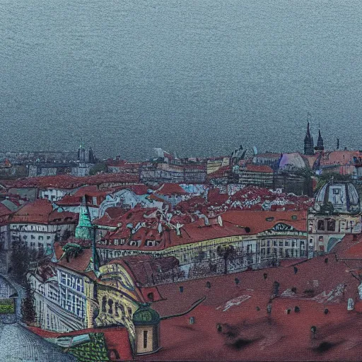 Image similar to Colored Pencil drawing, Prague skyline, octane render, highly detailed