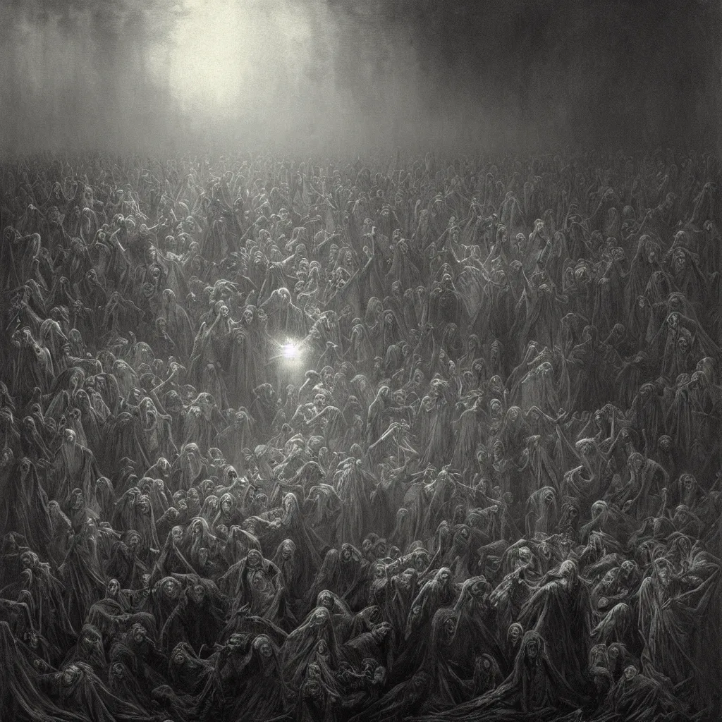 Prompt: dawn of the dead, creepy atmosphere, dark, portrait, realistic, very realistic, illustration by gustave dore